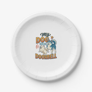 Dog Is Doorbell Barking White Blue_1 Paper Plate