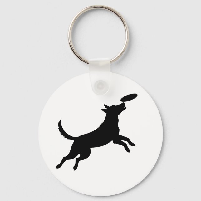dog jumping to catch a frisbee key ring (Front)