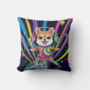 Dog Kawaii Shiba Inu Dancing Neon Retro Cushion