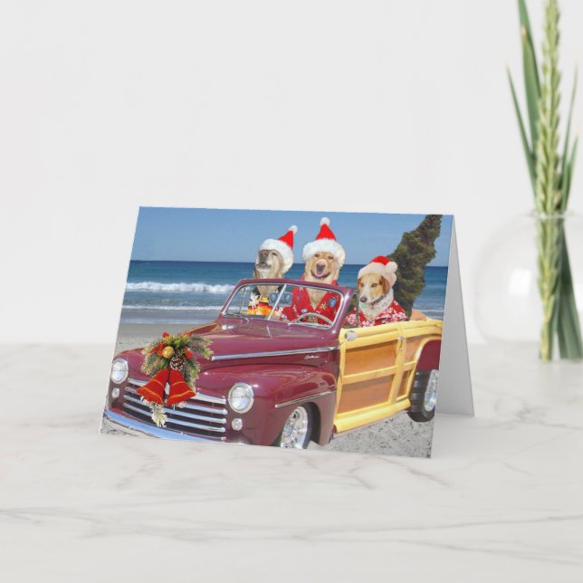 Dog/Lab on the Beach in Santa Hat & Hawaiian Shirt Holiday Card (Front)