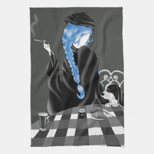 Dog & Lady at café BlueHair Tea Towel