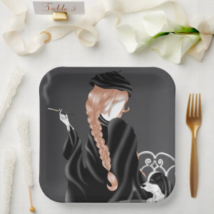 Dog & Lady at café Brown Hair Paper Plate