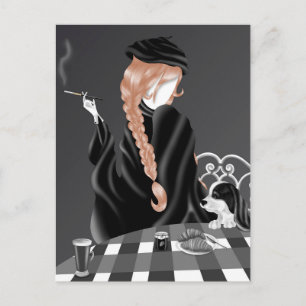 Dog & Lady at café Brunette Hair Postcard