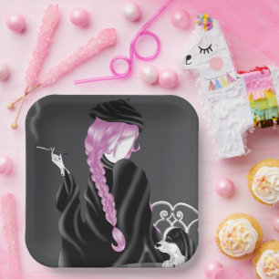 Dog & Lady at café PinkHair Paper Plate