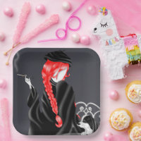 Dog & Lady at café Red Hair Paper Plate