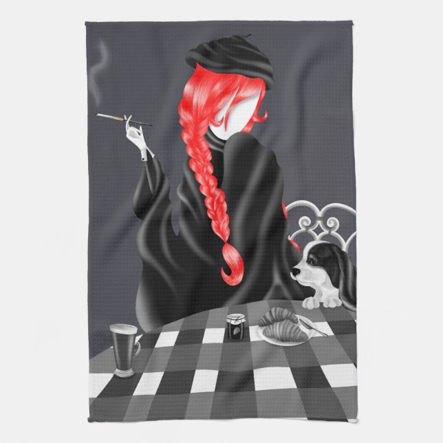 Dog & Lady at café Red Hair Tea Towel (Vertical)