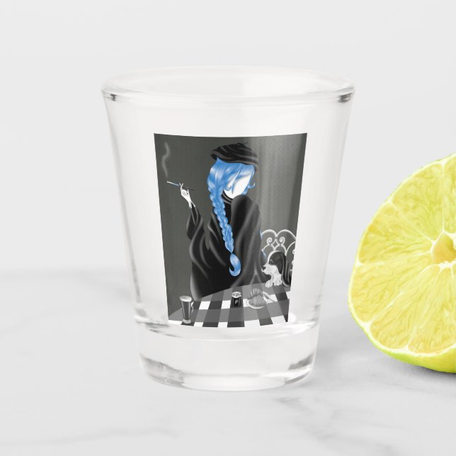 Dog & Lady at French café  Shot Glass (Front)