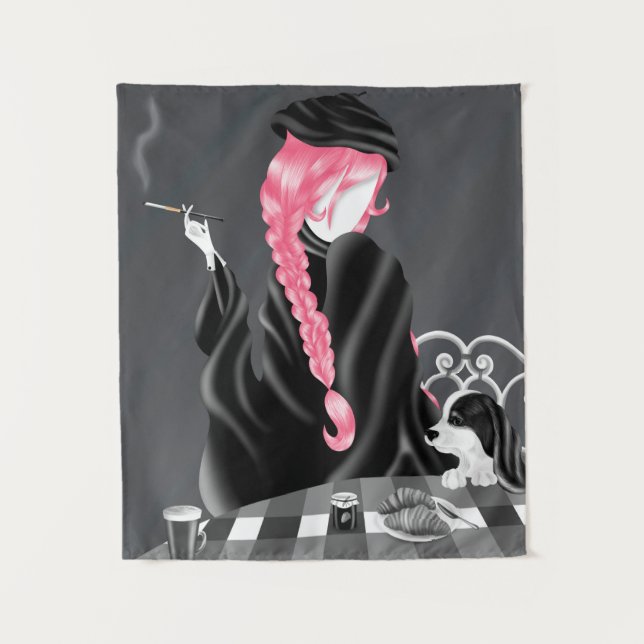 Dog & Lady at French café  Tapestry (Front)