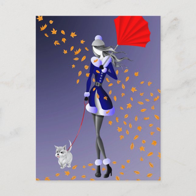 Dog & Lady Autumn Leaves Blue  Postcard (Front)