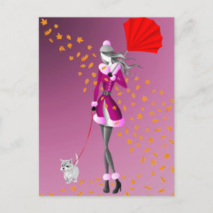Dog & Lady Autumn Leaves Pink Postcard