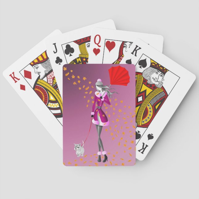 Dog & Lady Autumn Leaves Playing Cards (Back)