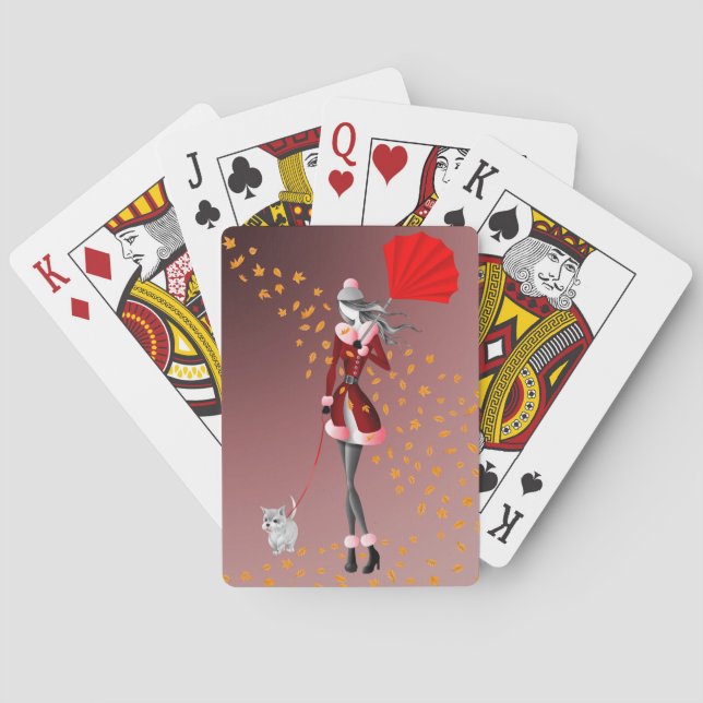 Dog & Lady Autumn Leaves  Playing Cards (Back)