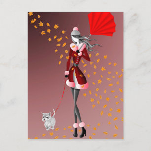 Dog & Lady Autumn Leaves Red Postcard