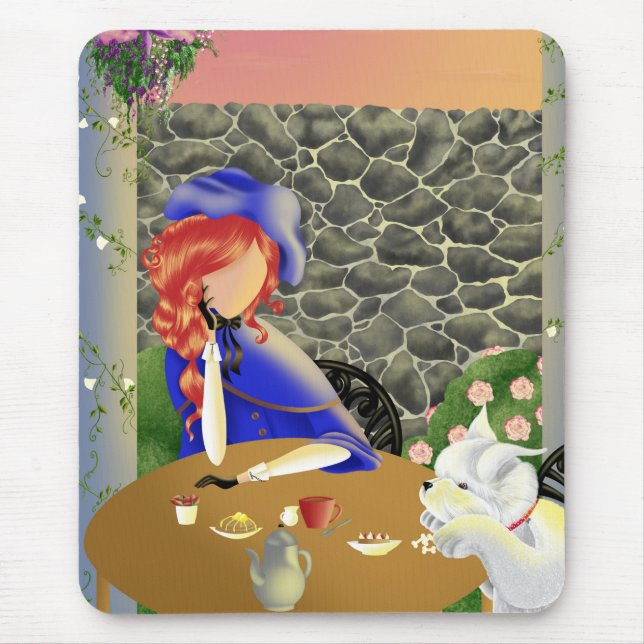 Dog & Lady in Cafe at Sunset Mouse Pad (Front)
