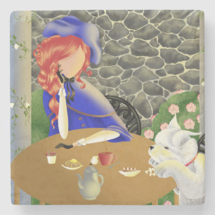 Dog & Lady in Café at Sunset Stone Coaster
