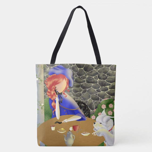 Dog & Lady in Café at Sunset Tote Bag (Front)