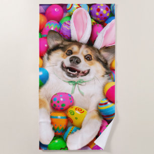 Dog Laying on Easter Eggs Beach Towel