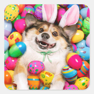 Dog Laying on Easter Eggs Square Sticker