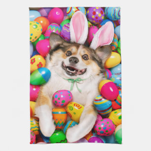 Dog Laying on Easter Eggs Tea Towel