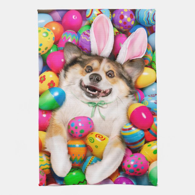 Dog Laying on Easter Eggs Tea Towel (Vertical)