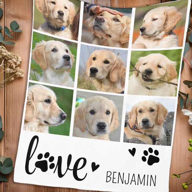 Dog LOVE Paw Print Personalised 9 Photo Collage Fleece Blanket (Creator Uploaded)