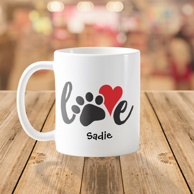 Dog Love Pet Paw Print & Heart Custom Name Coffee Mug (Creator Uploaded)