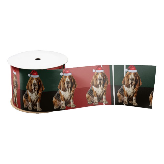 Dog Lover Basset Hound Red Green Plaid Christmas Satin Ribbon (Spool)