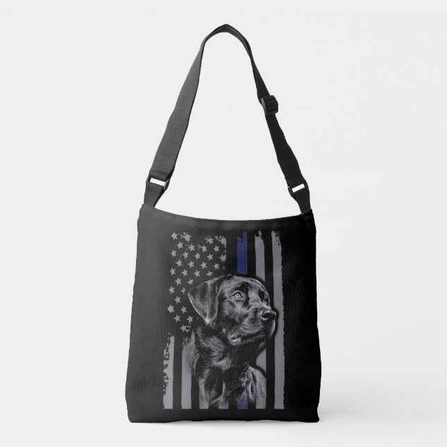 Dog Lover | Black Labrador American Flag Thin Line Crossbody Bag (Front)