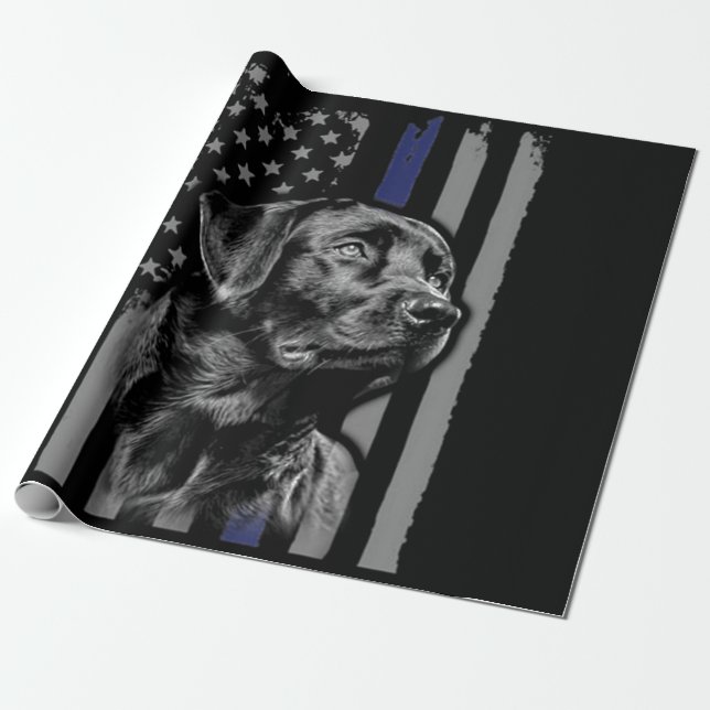 Dog Lover | Black Labrador American Flag Thin Line Wrapping Paper (Unrolled)