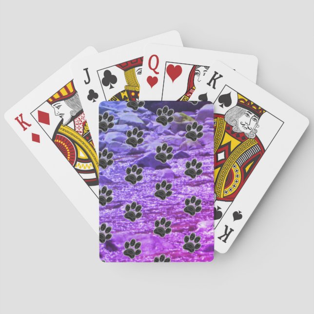 Dog Lover Blue Purple Clouds Black Puppy Paw Print Playing Cards (Back)