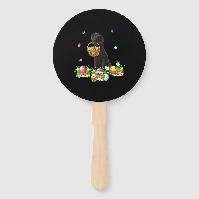 Dog Lover | Bunny Black Labrador Dog & Easter Eggs Hand Fan (Front)