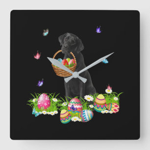 Dog Lover   Bunny Black Labrador Dog & Easter Eggs Square Wall Clock
