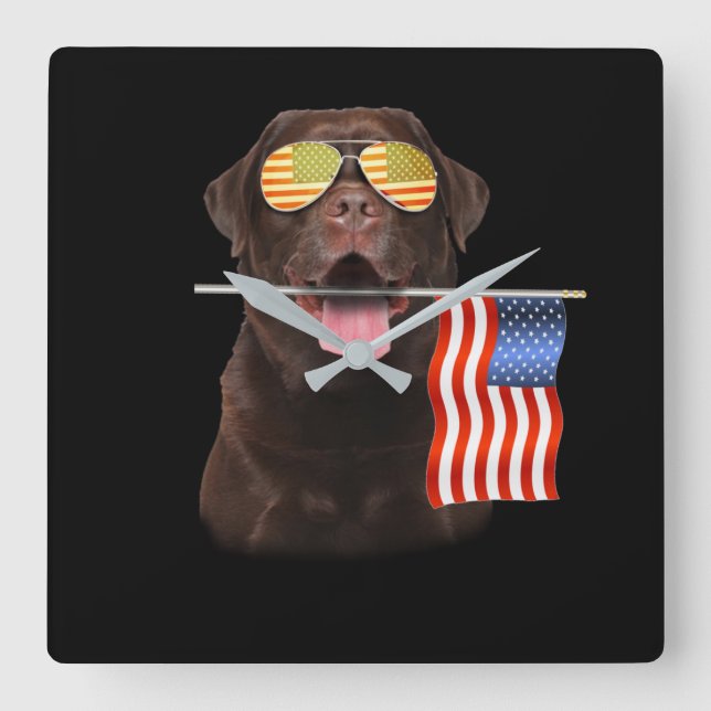 Dog Lover | Chocolate Labrador USA American Flag Square Wall Clock (Front)