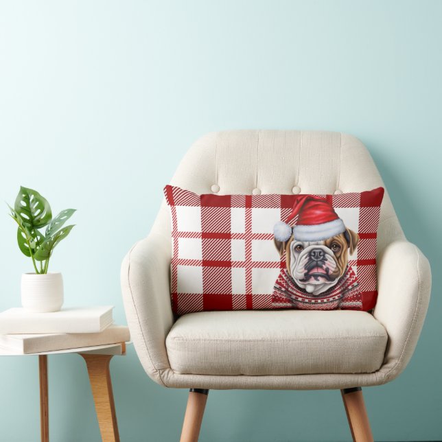 Dog Lover Christmas Bulldog Red Holiday Plaid Lumbar Cushion (Chair)