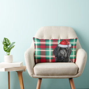 Dog Lover Christmas Labradoodle and Holiday Plaid Lumbar Cushion