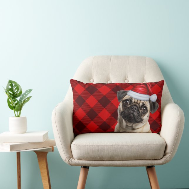 Dog Lover Christmas Pug Red Buffalo Holiday Plaid Lumbar Cushion (Chair)