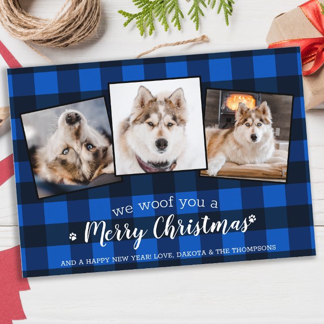 Dog Lover Custom 3 Pet Photo Blue Plaid Christmas Holiday Card (Creator Uploaded)