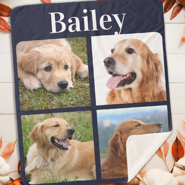 Dog Lover Custom 4 Photo Collage Monogram Sherpa Blanket (Creator Uploaded)