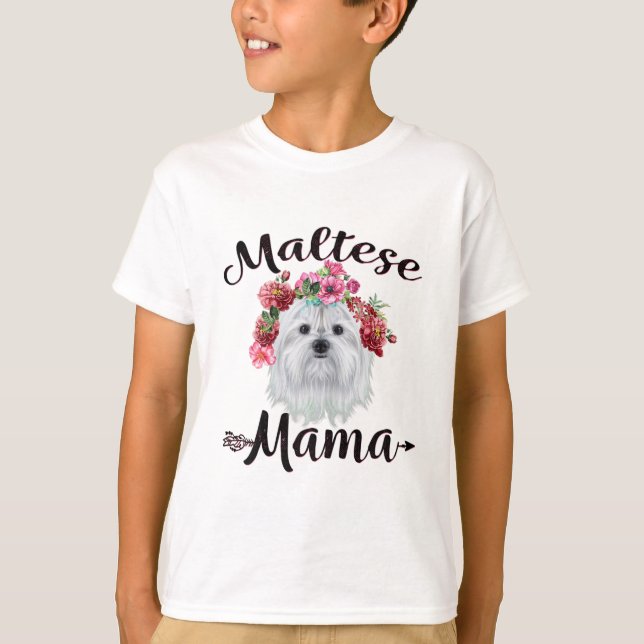 Dog Lover | Cute Maltese Mama Dog Flowers Florals T-Shirt (Front)