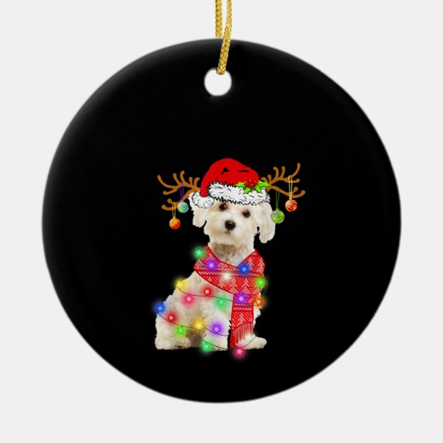 Dog Lover | Maltese Santa Hat Xmas Fairy Light Ceramic Tree Decoration (Front)