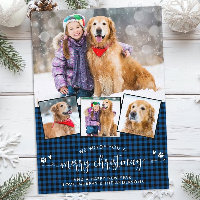 Dog Lover Merry Christmas Blue Plaid Photo Collage Holiday Card (Creator Uploaded)