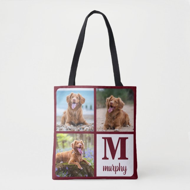 Dog Lover Modern Monogram Personalised 3 Pet Photo Tote Bag (Front)