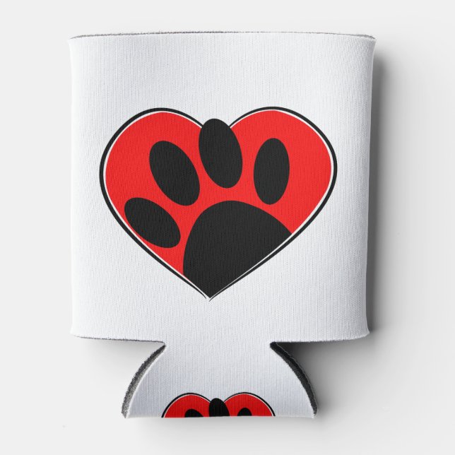 Dog Lover Paw Print And Red Heart Can Cooler (Front)