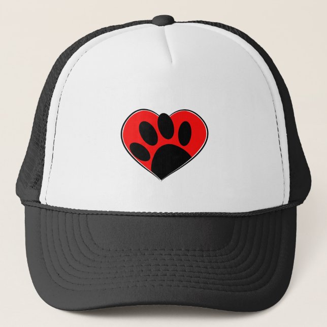 Dog Lover Paw Print And Red Heart Trucker Hat (Front)