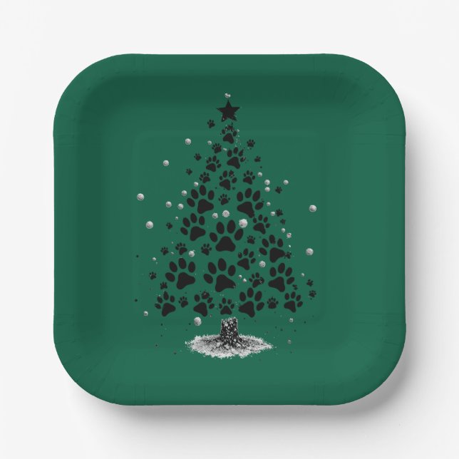Dog Lover Paw Print Christmas Tree Paper Plate (Front)