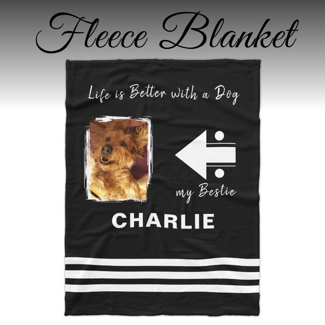 Dog lover photo name black fleece blanket (Creator Uploaded)