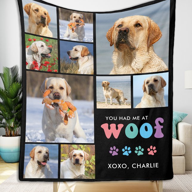 Dog Lover Retro WOOF Custom Pet 11 Photos Collage Fleece Blanket (Creator Uploaded)