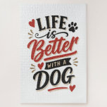 Dog Lover Wall Art - Life is Better with a Dog Red Jigsaw Puzzle<br><div class="desc">Celebrate your four-legged best friend with this stylish 'Life is Better with a Dog' typography design. Featuring a bold red and black retro color palette with playful paw prints and hearts, this piece is the perfect gift for dog moms, dads, and new puppy owners. A charming addition to any modern...</div>