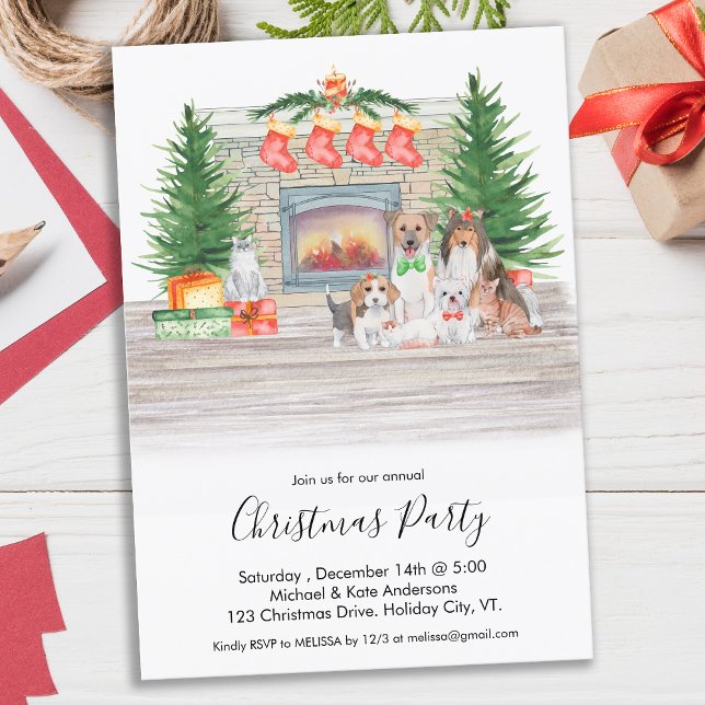 Dog Lovers Cats Christmas Fireplace Scene Party Invitation (Creator Uploaded)