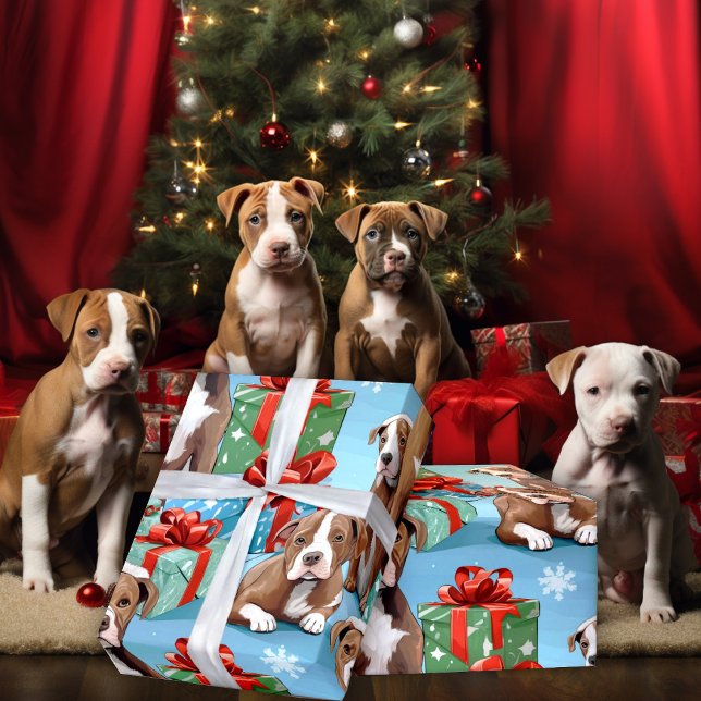 Dog Lovers Christmas Cartoon PitBull Pups Wrapping Paper (Creator Uploaded)